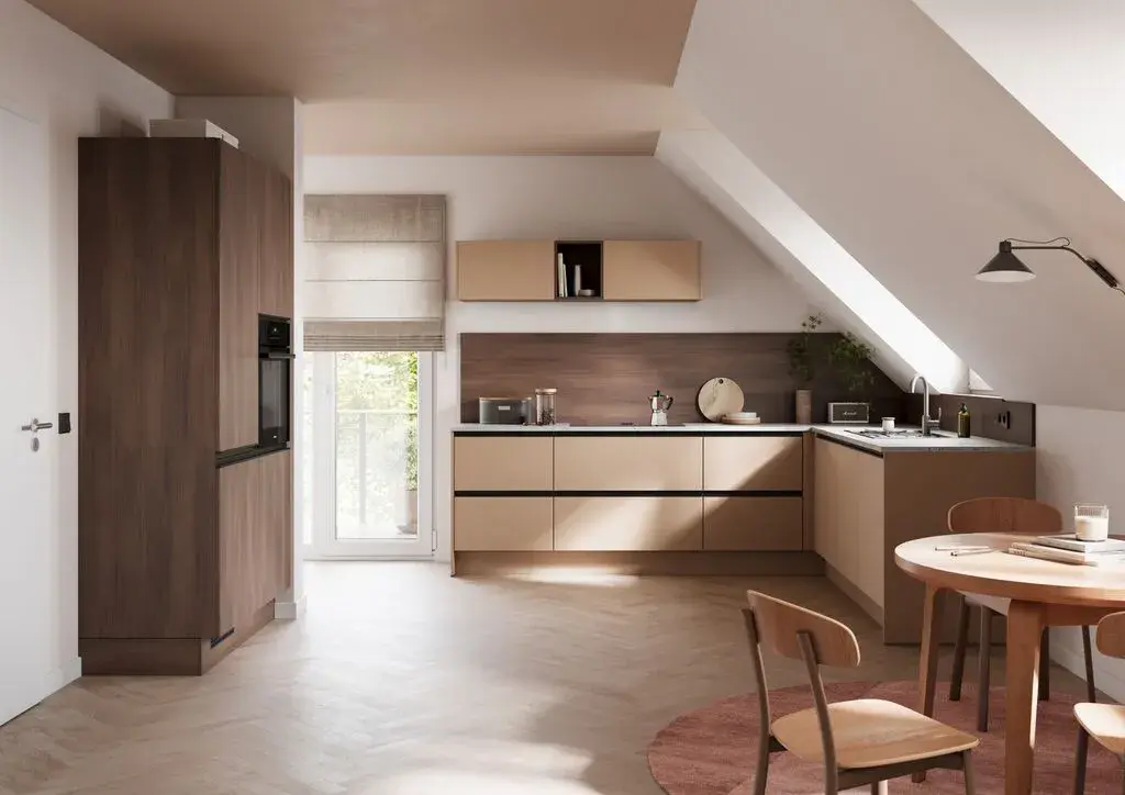 Impuls-Küche in sanften natürlichen Farben. 